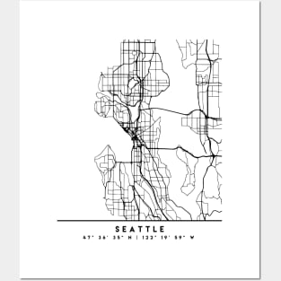 SEATTLE WASHINGTON BLACK CITY STREET MAP ART Posters and Art